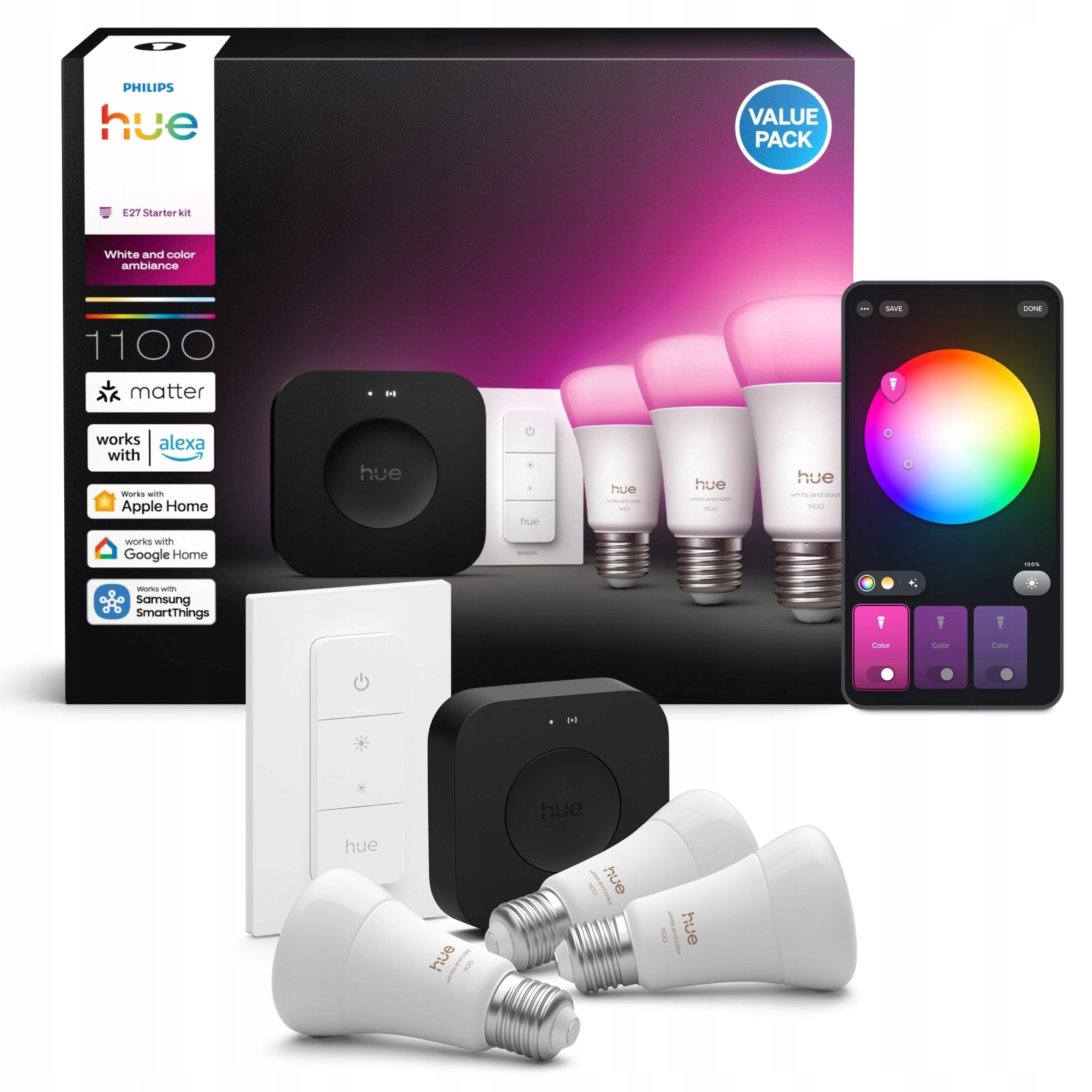 3x Led žárovka E27 8.1W 1100lm Rgb můstek Bridge Pro Dálkový Ovladač Philips Hue