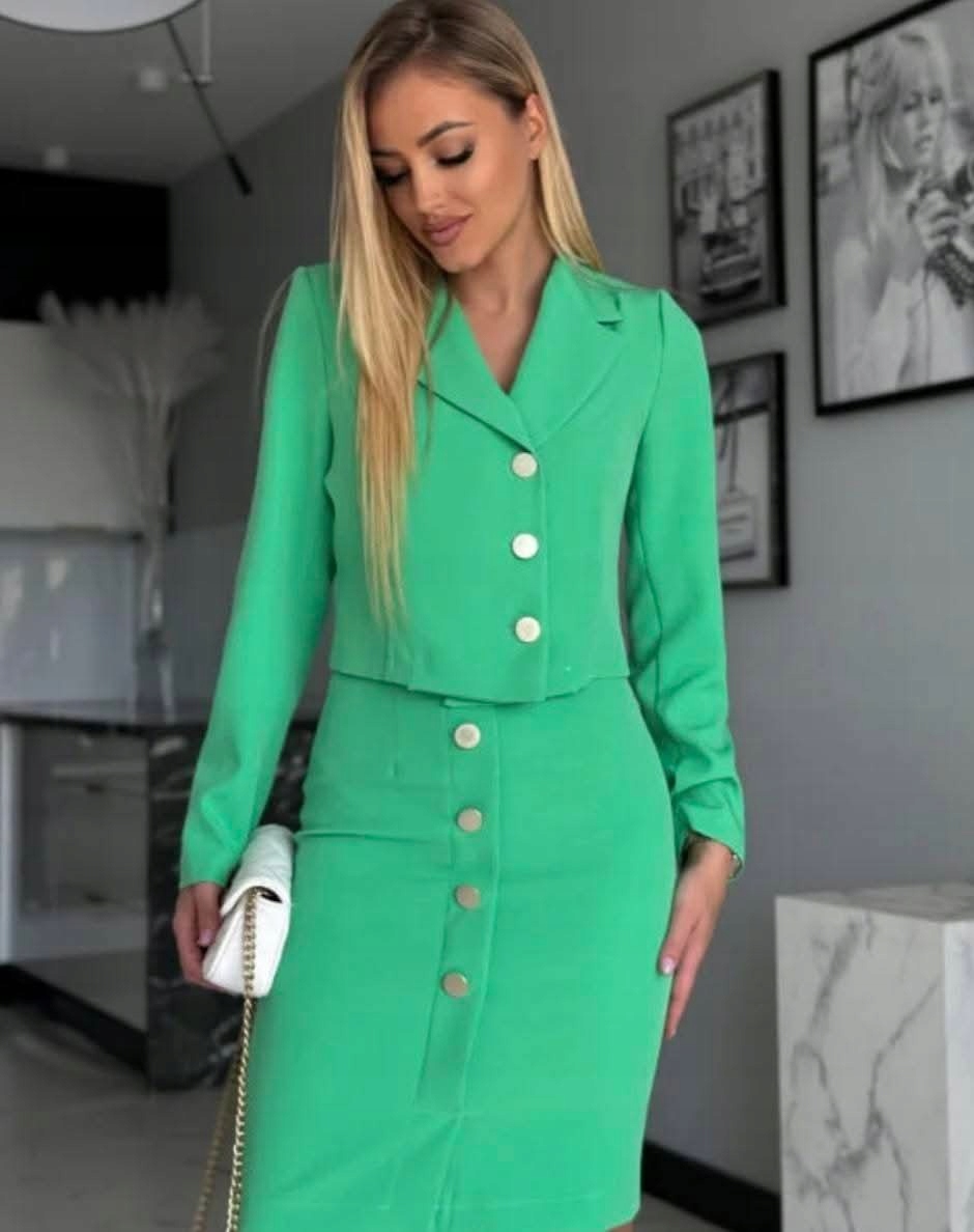 Polský komplet Sako Crop Sukně Glamour na přijímání Zelená S