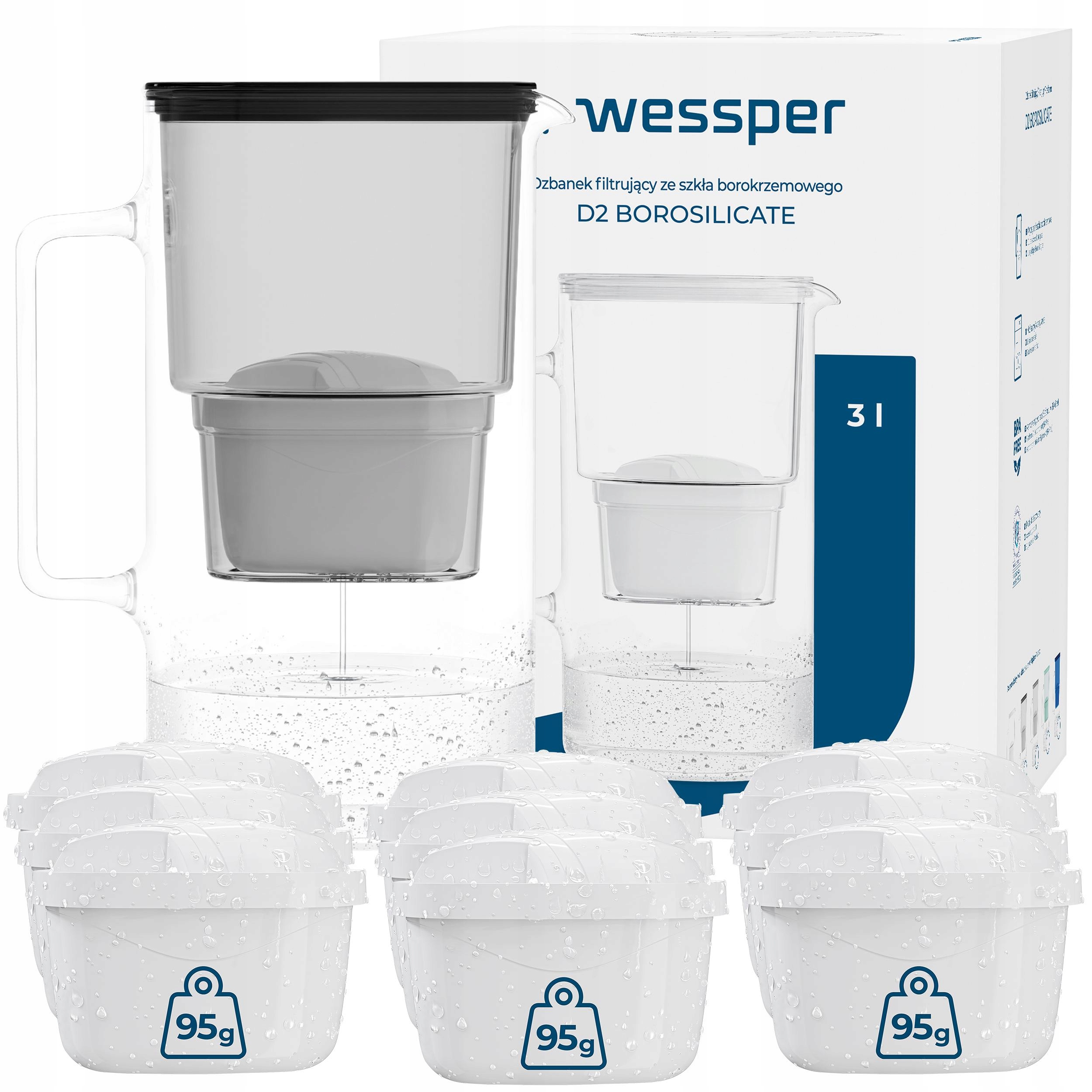 DZBANEK SZKLANY WESSPER D2 BOROSILICATE 3l + 10x FILTR WKŁAD WODY WESSPER