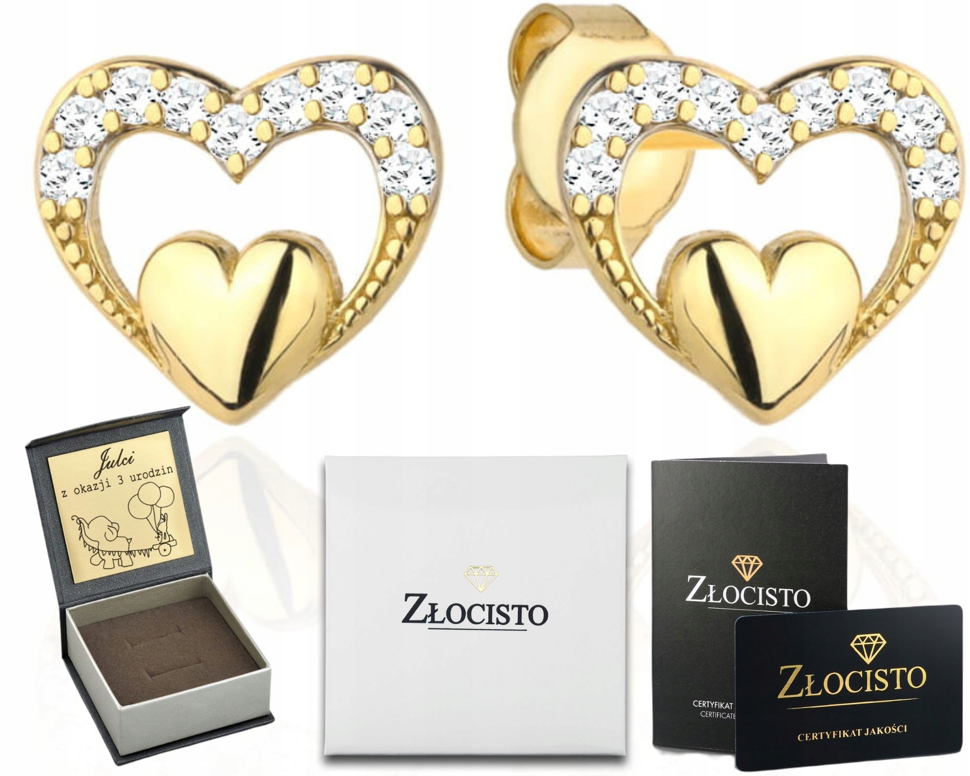 Zlaté Náušnice Srdíčka se zirkony, puzetky, jako Dárek s Gravírování