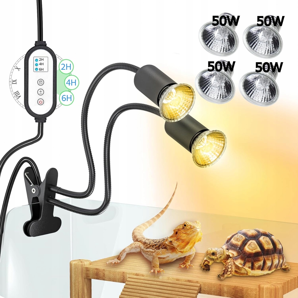 Levně Dvouhlavá tepelná lampa Reptile, 4 Uva Uvb žárovky E27, nastavovací klip, 50W