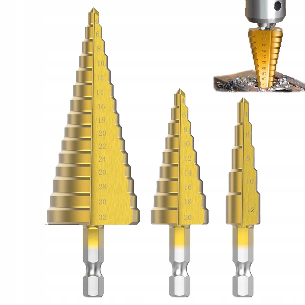 

Wiertła Stożkowe Stopniowe Do Metalu Zestaw 4-32MM