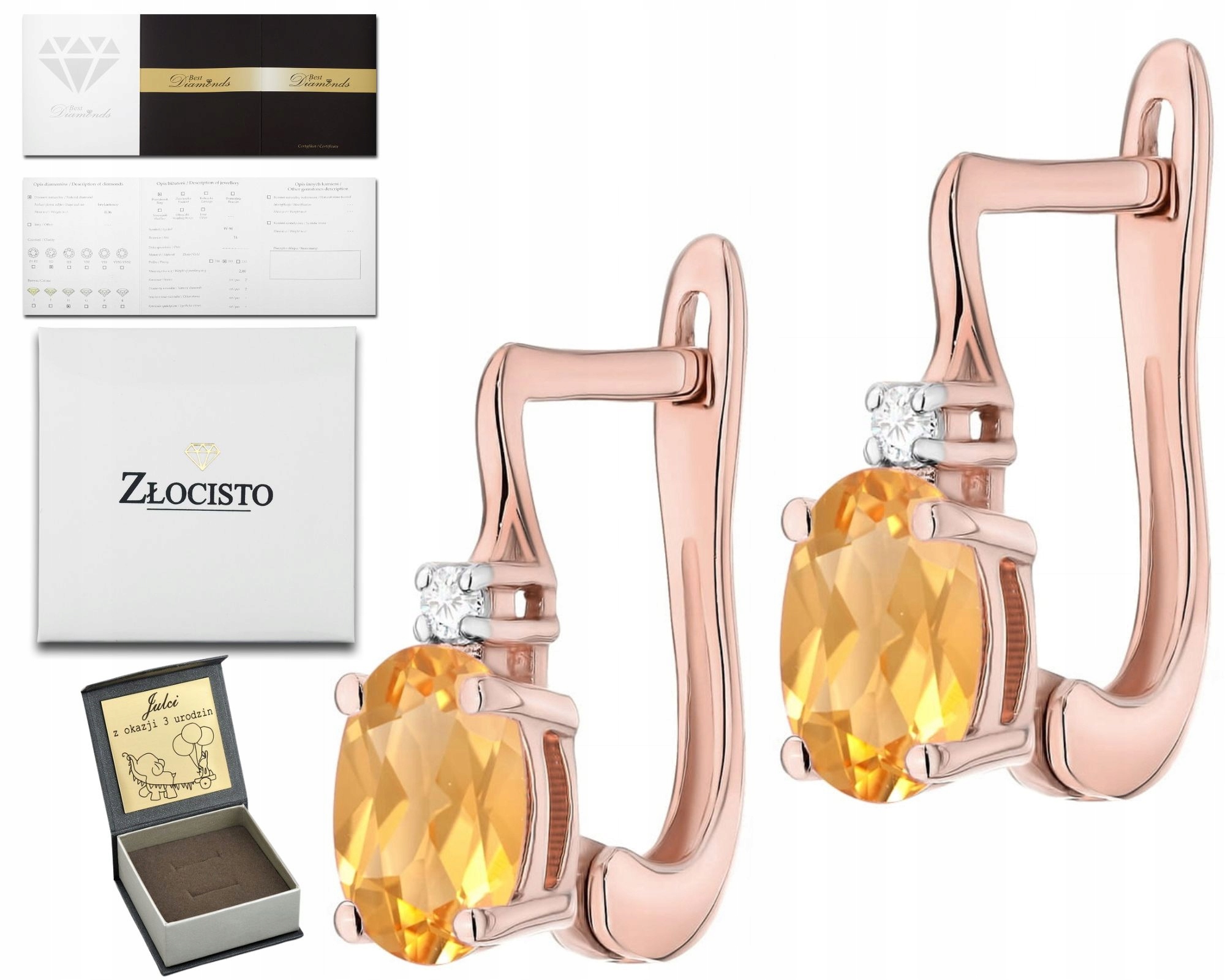 Náušnice Z Růžového Zlata S Diamantem A Citronem Anglické Zapínání 585