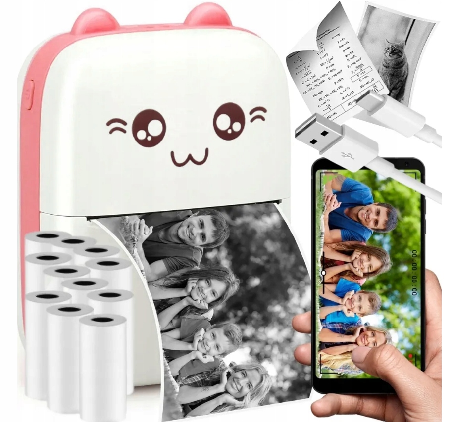 DRUKUŚ MINI DRUKARKA TERMICZNA RÓŻOWA PRZENOŚNA DO ZDJĘĆ + 11 ROLEK GRATIS