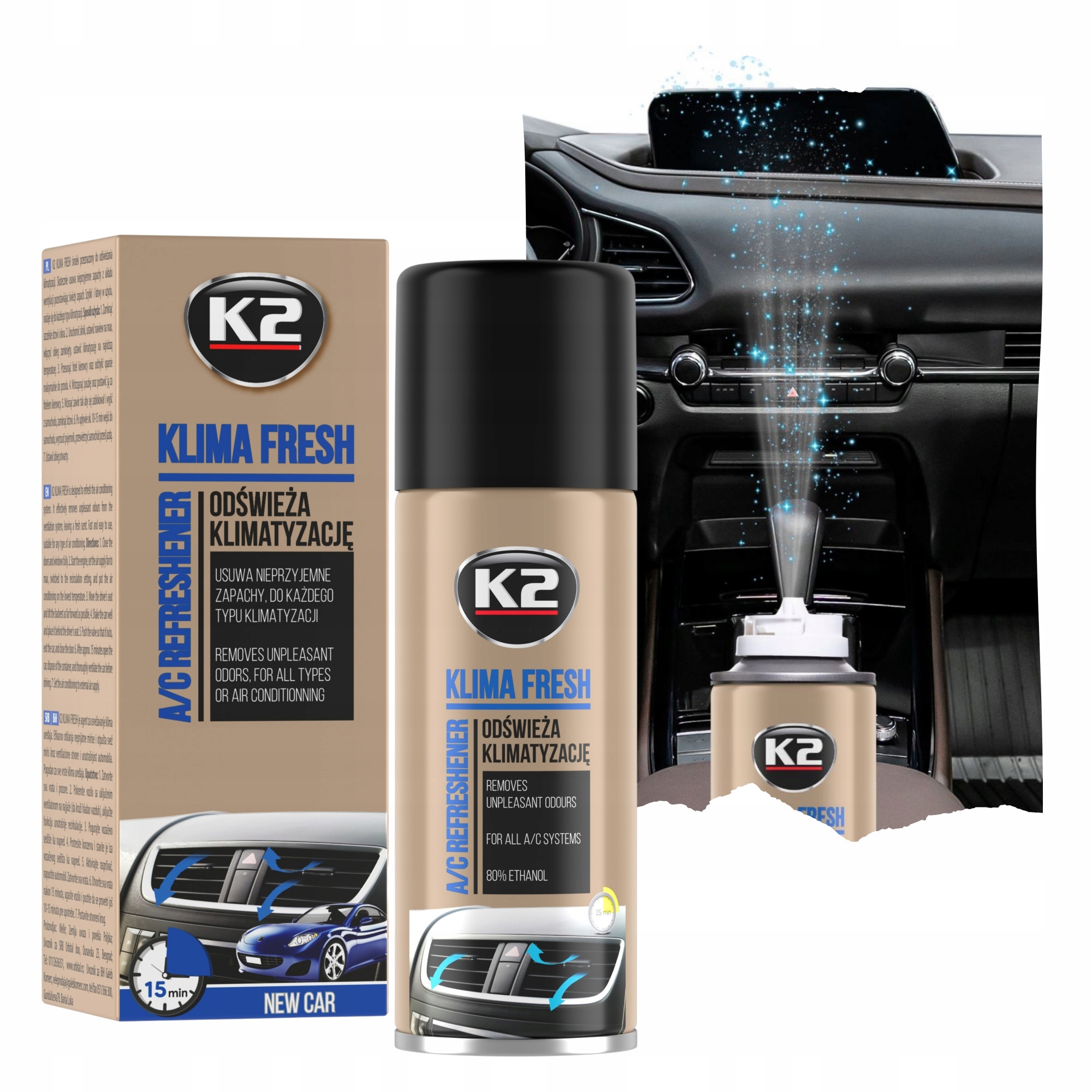 Odgrzybiacz Spray K2 Klima Fresh New Car Do Klimatyzacji W Samochodzie