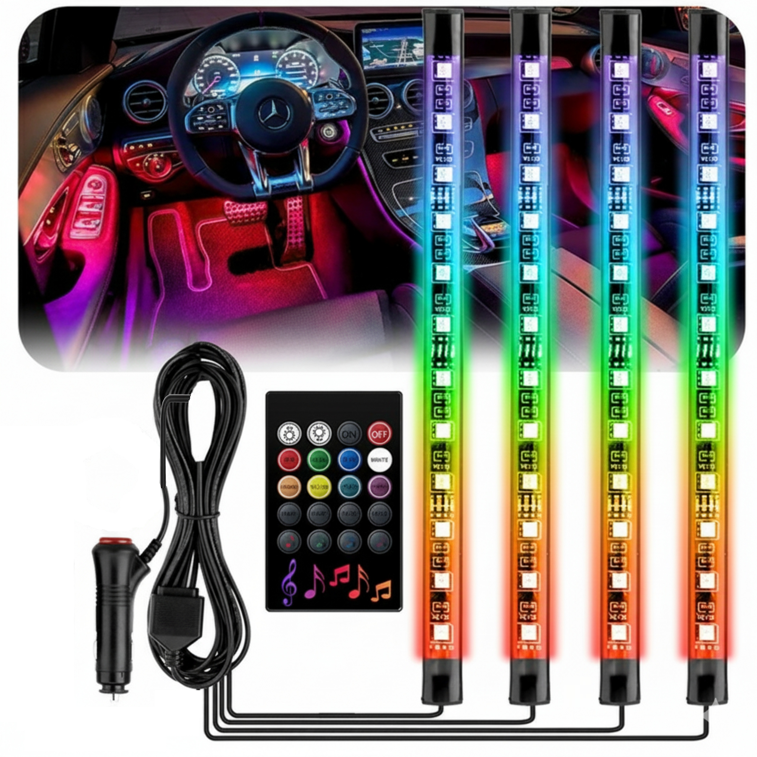 Taśma LED do samochodu z pilotem oświetlenie auta RGB 5050 do wnętrza USB