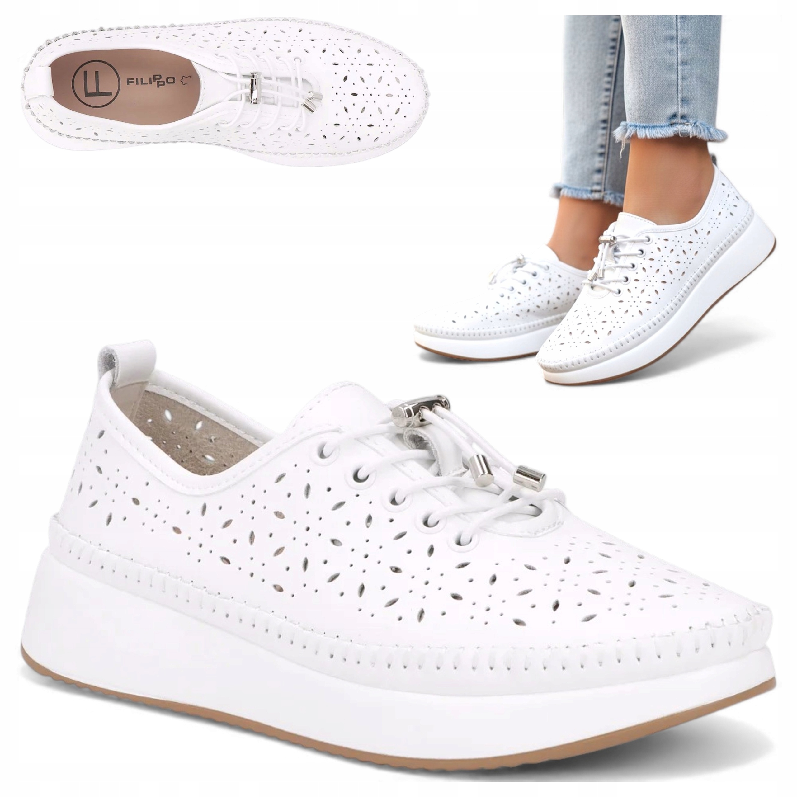 Sneakersy Damskie Skórzane 37 Filippo Ażurowe Półbuty Białe na Platformie