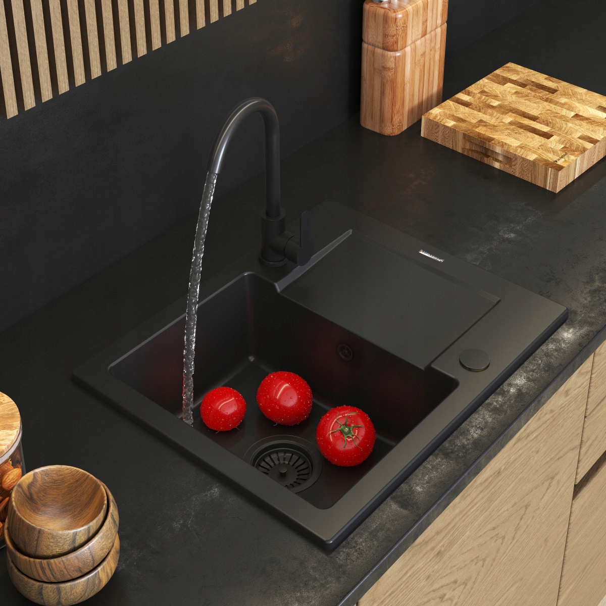 ZLEWOZMYWAK z ociekaczem JEDNOKOMOROWY granitowy + Bateria kuchenna FABRO Kod producenta FABRO19989