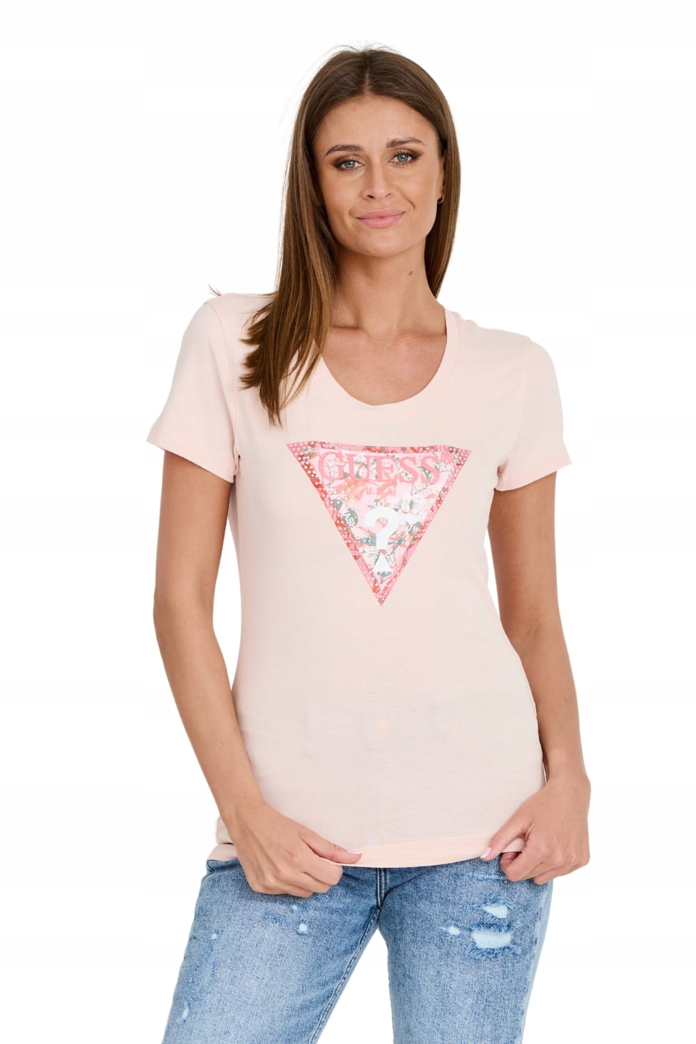 Guess Růžové tričko Satin Triangle Tee S
