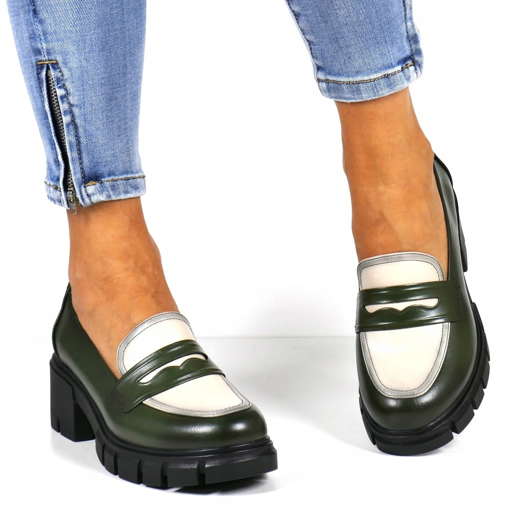 PÓŁBUTY DAMSKIE MOKASYNY PLATFORMA GRUBA PODESZWA LORDSY ZIELONE POTOCKI Materiał zewnętrzny skóra ekologiczna