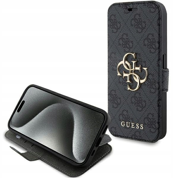 Pouzdro Guess GUBKP15L4GMGGR pro Apple iPhone 15 Pro book 4G Metal Logo šedá/šedá