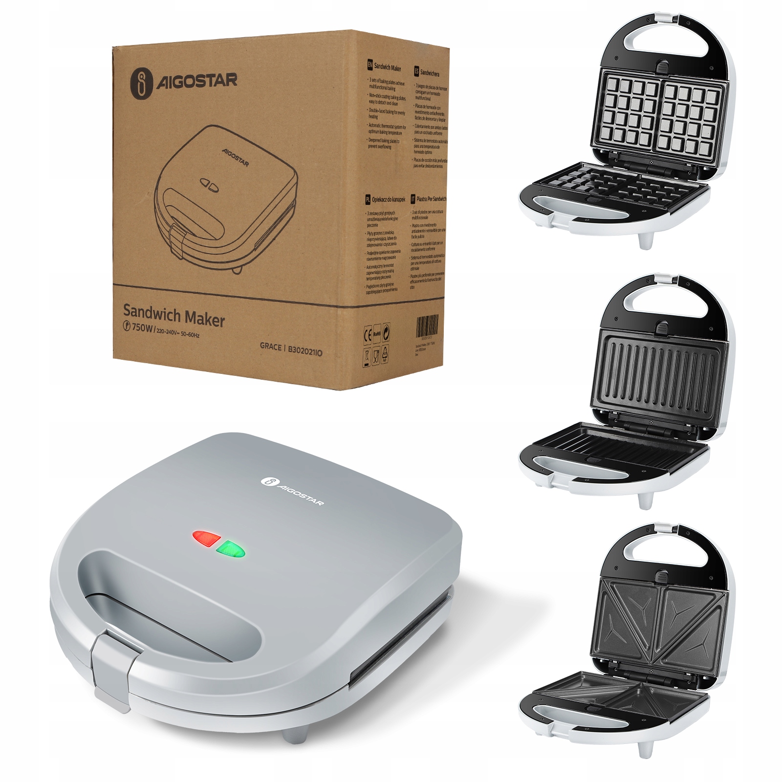 Opiekacz Gofrownica Panini do kanapek Aigostar 3w1 750 W szary kompaktowy