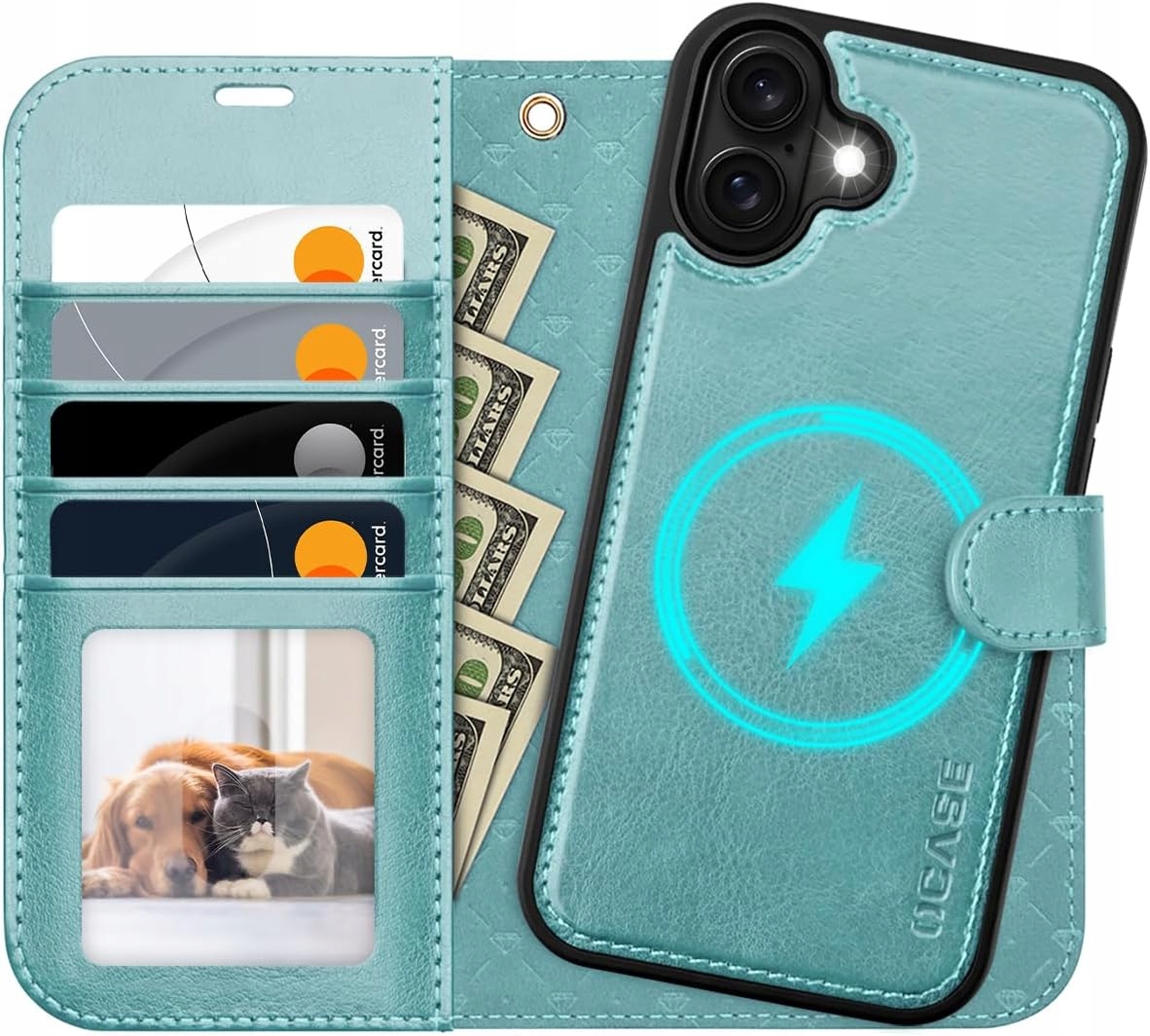 Ocase etui skórzane do iPhone 16 Plus z klapką magsafe błękitne 2w1 pasek
