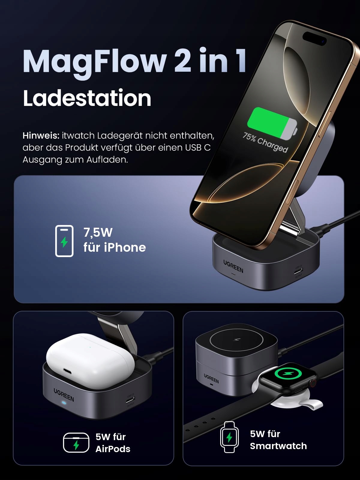 UGREEN MagFlow 2w1 Stacja Ładowania iPhone MagSafe Bezprzewodowa Składana — miniatura 2