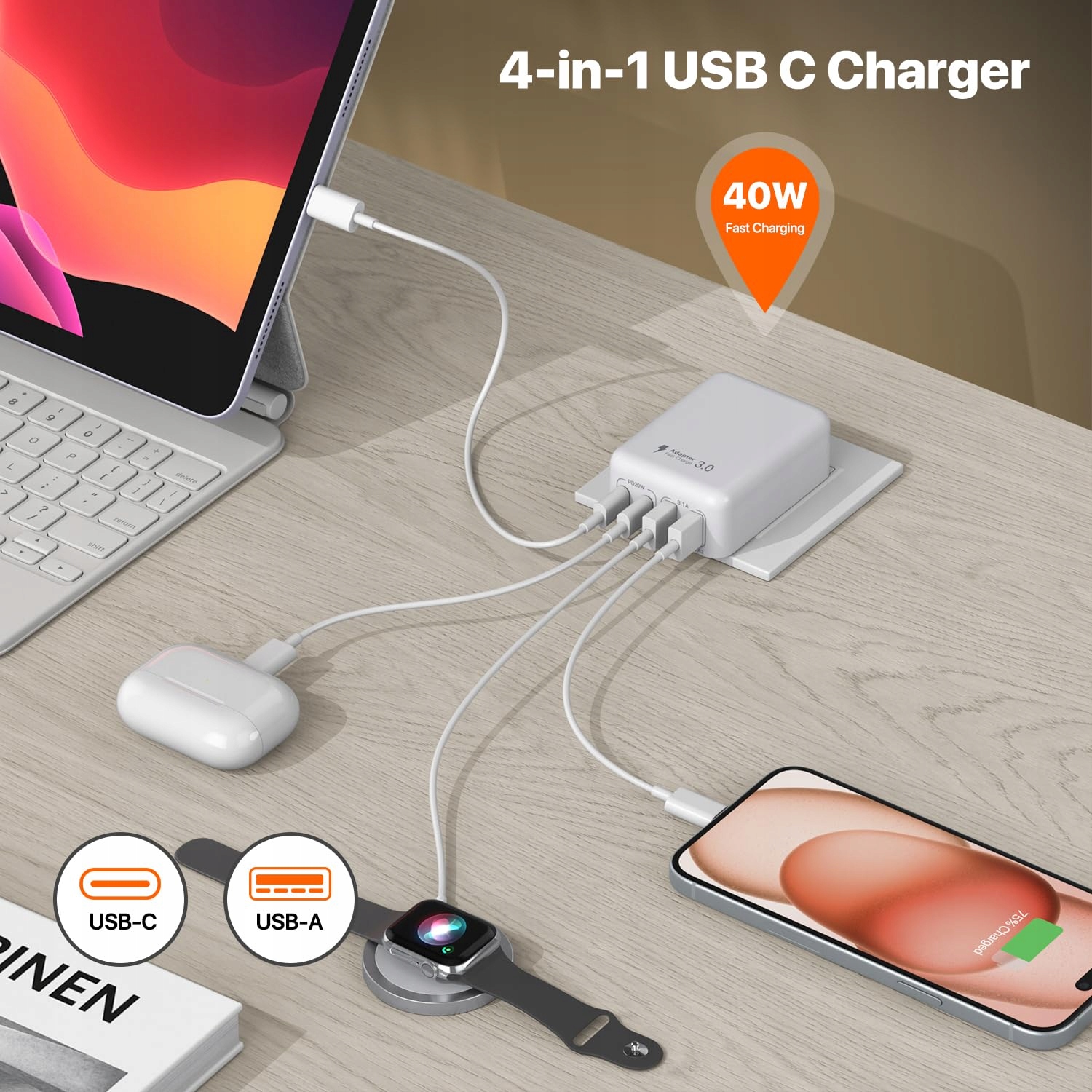 nongxiang 40W 4-Port USB-C PD Charger for iPhone, Samsung, Pixel, Tablets — miniatura 4