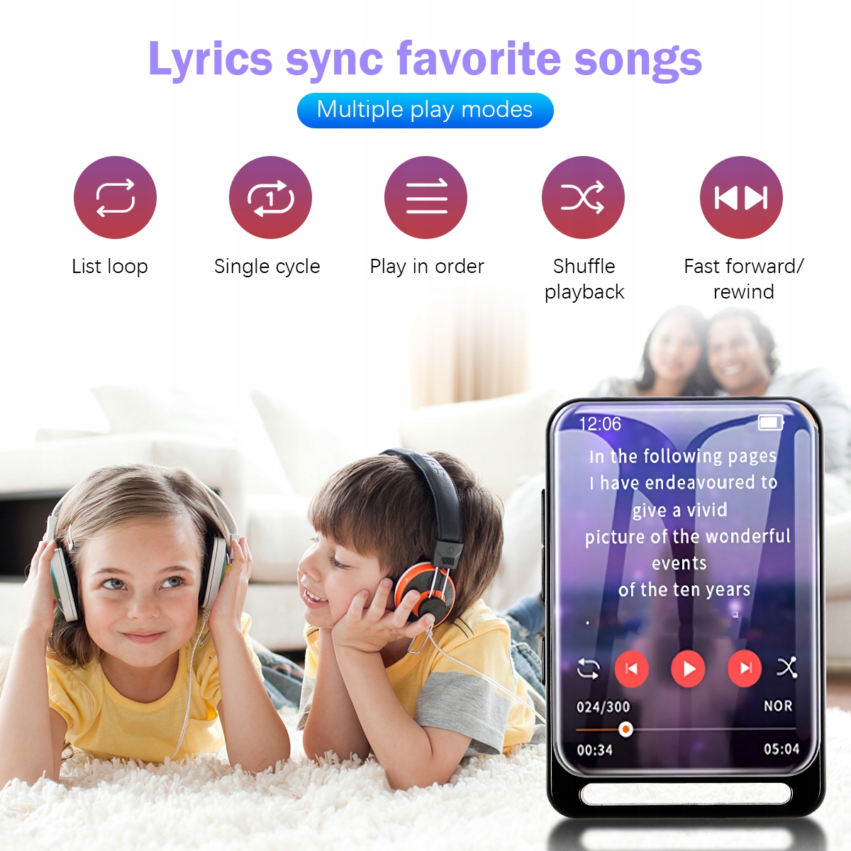 Odtwarzacz MP3 16GB 2.4 inch Bluetooth 5.0 HiFi FM Polski Zasilanie akumulatorowe