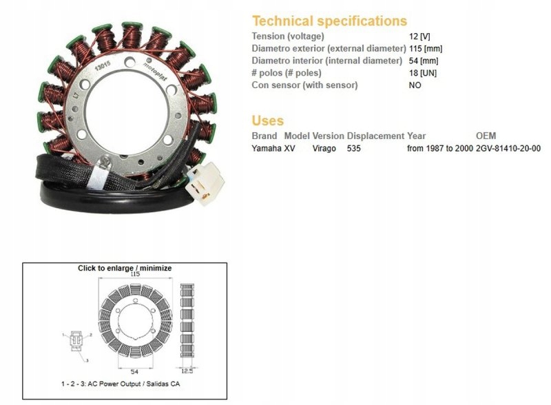 Vinutie Alternátora Stator Yamaha XV 535 Virago 87-00