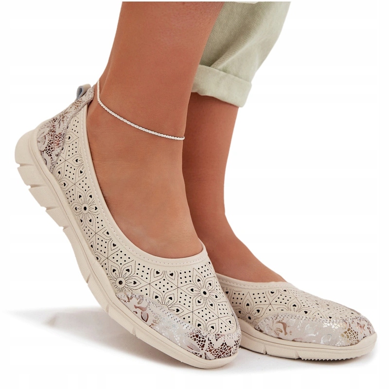 Ažurové Baleríny Polobotky Lehké Pohodlné Kůže S.barski GR61-5973 Béžové 38