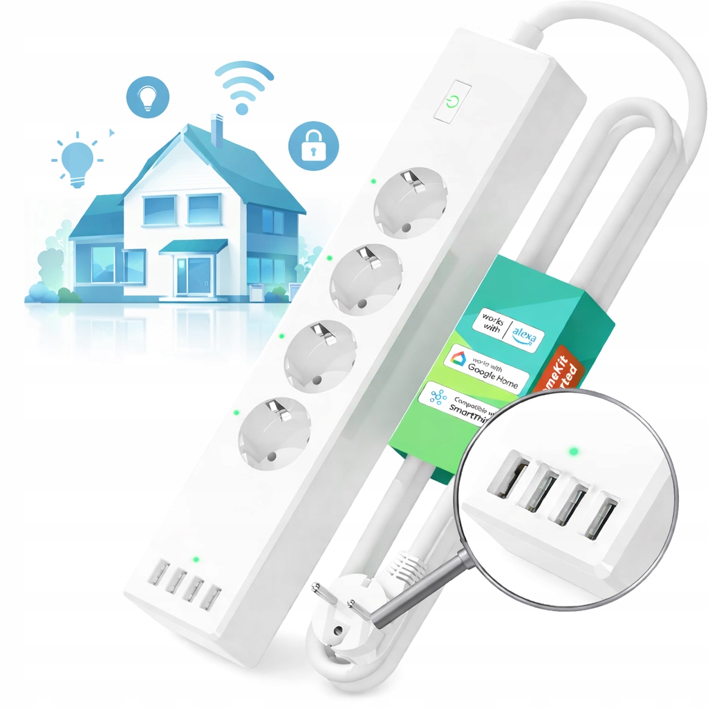Inteligentná napájacia lišta WiFi 4 zásuvky 4 Usb Alexa Google SmartHome