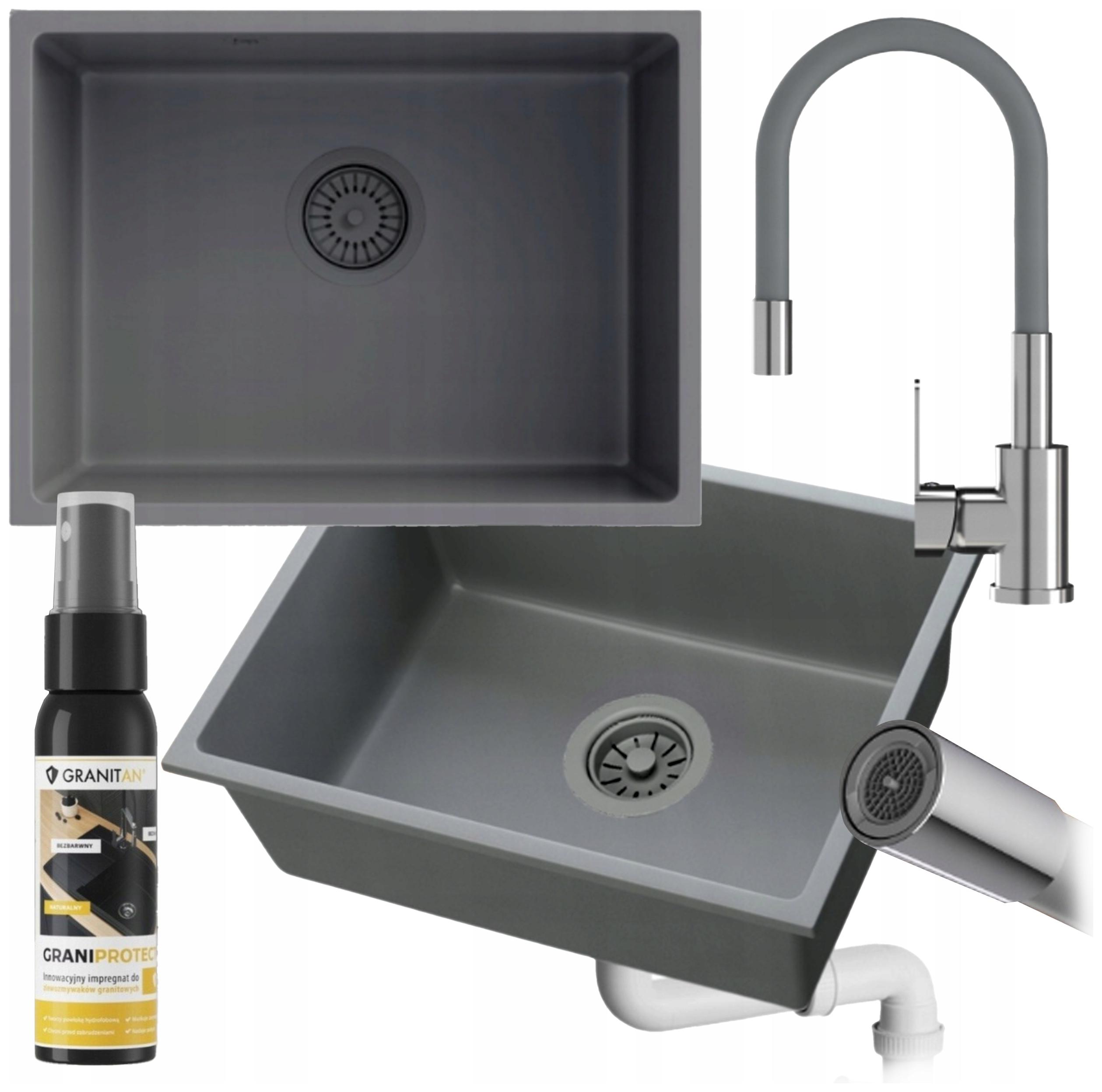 Granitový drez pod dosku Manado 60 sivý, sada batérií