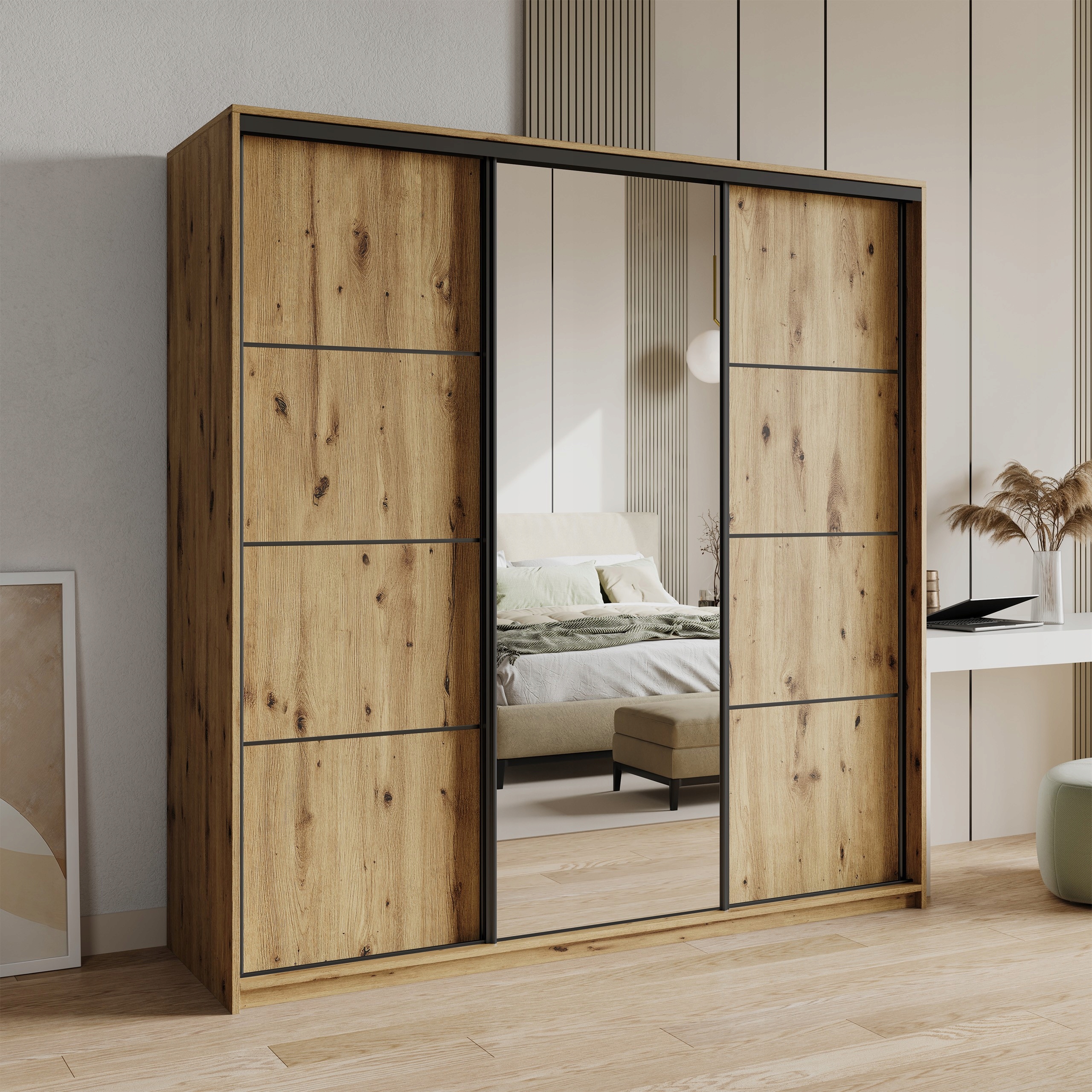 Skříň Třídveřová Varo 200 cm se zrcadlem Zásuvky Artisan Černá