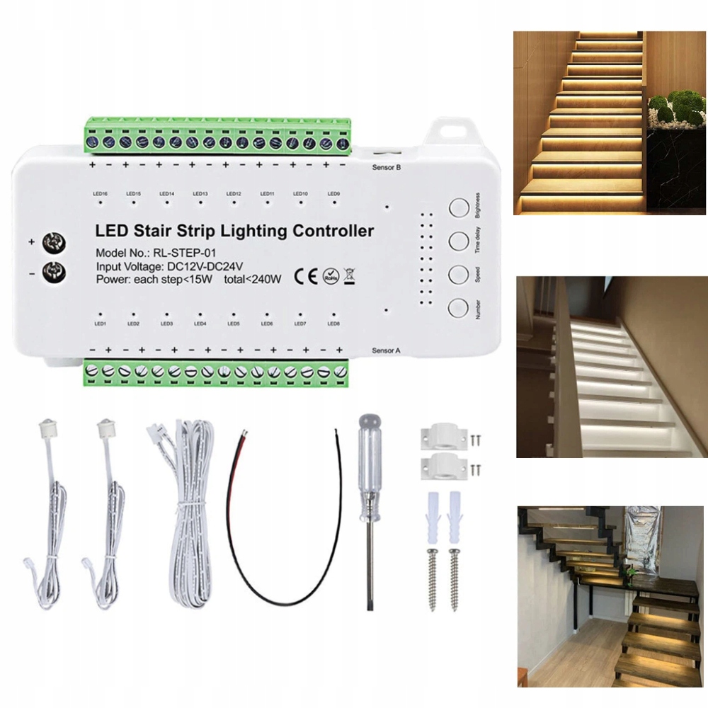 Schodišťový ovladač pro osvětlení až 16 schodů Led s senzory nový