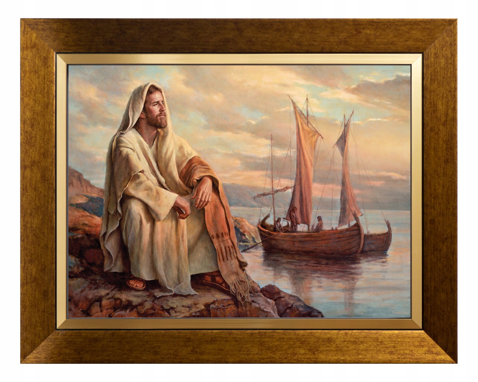 Ježíš S Lodí, Náboženský Obraz Na Plátně Se Zlatým Zdobeným Rámem 30X40