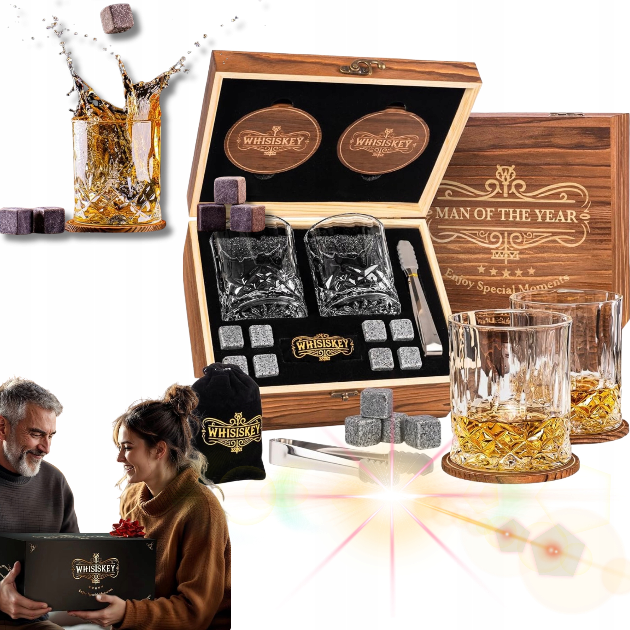 Sada Whisky 2X Sklenice Kameny Dárek Pro Muže Chlapa Krabička!