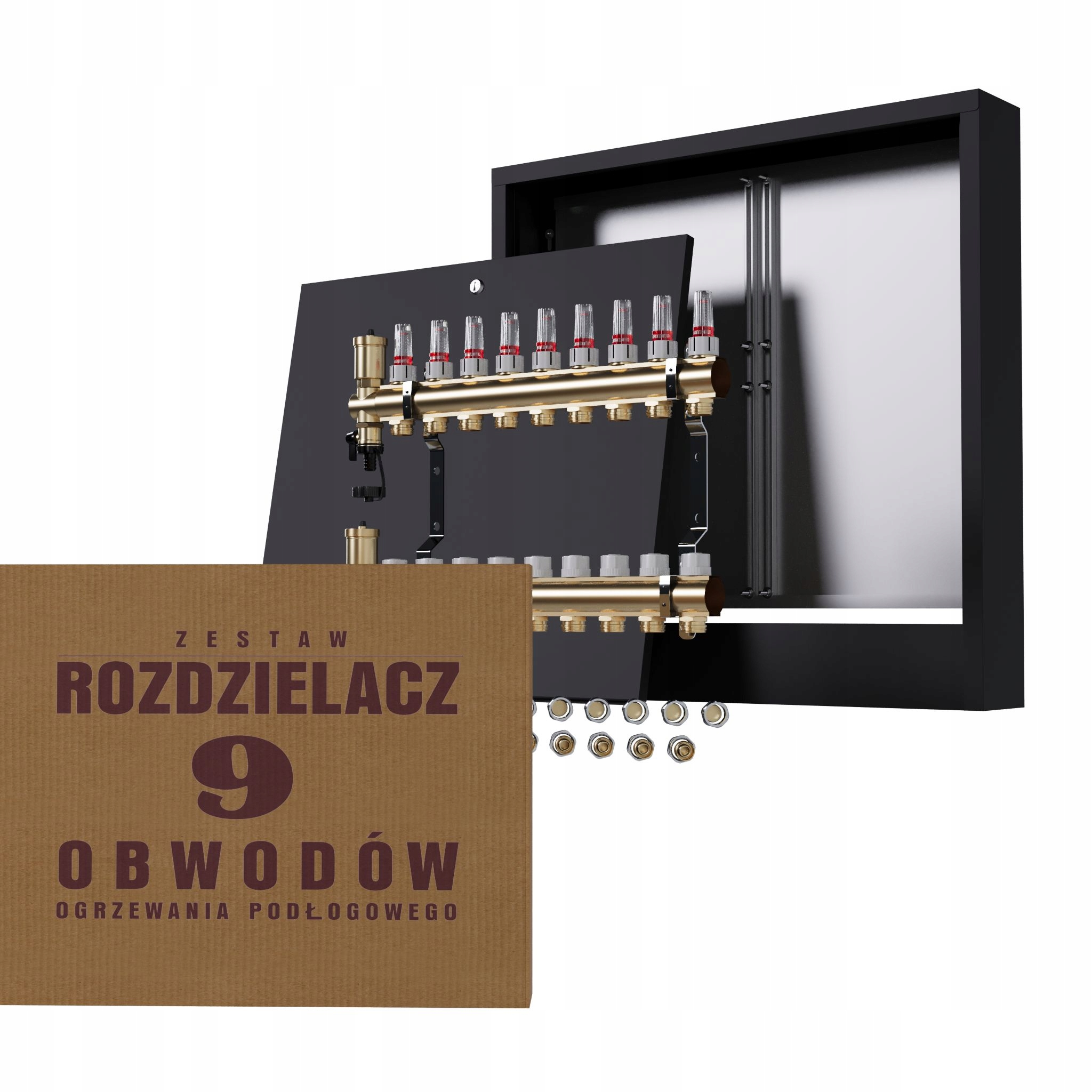 Rozdělovač pro podlahové vytápění 9 nástěnný box černý Pex