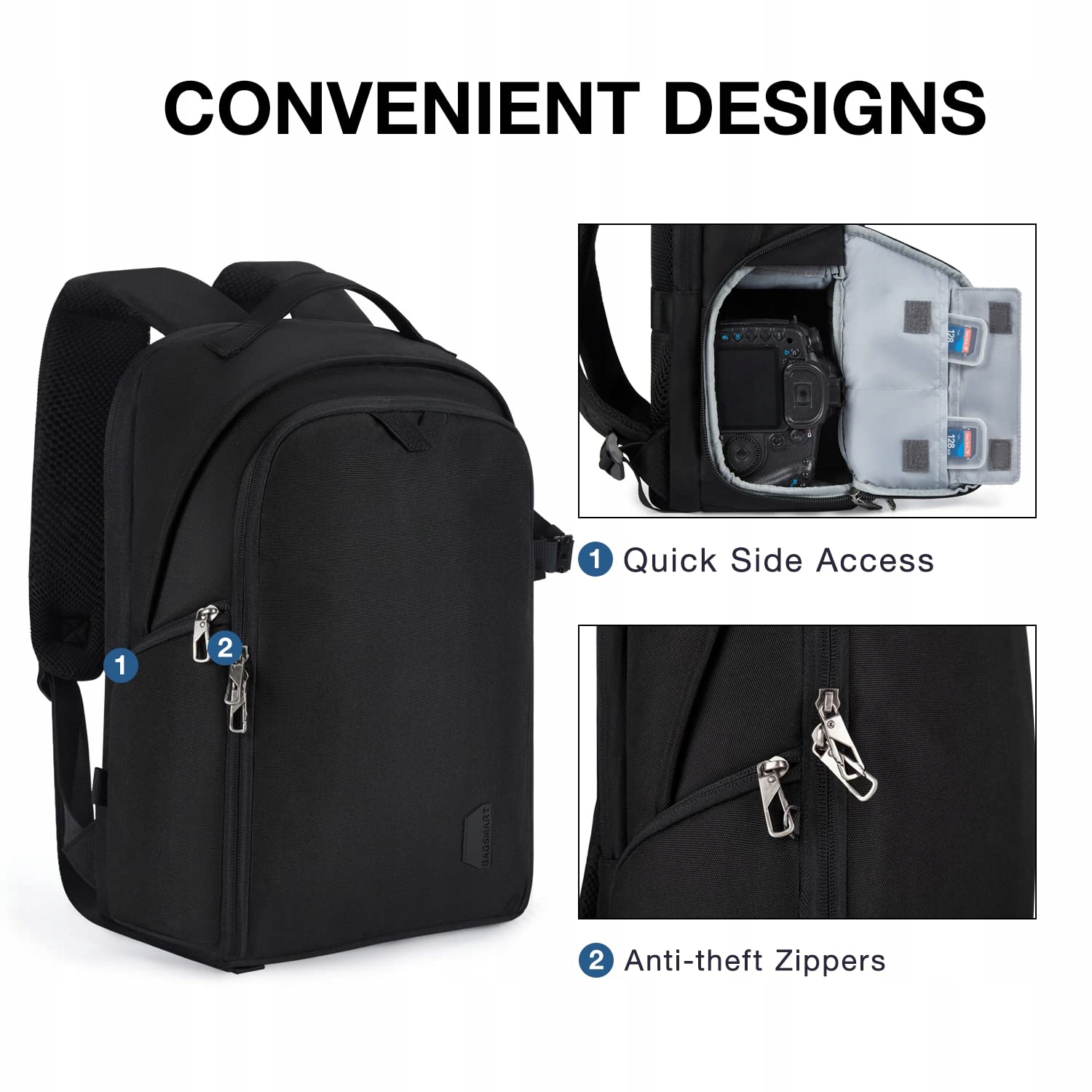 BAGSMART Plecak Na Aparat DSLR SLR Na Laptop 15,6 Cala Wodoodporny Czarny — miniatura 3