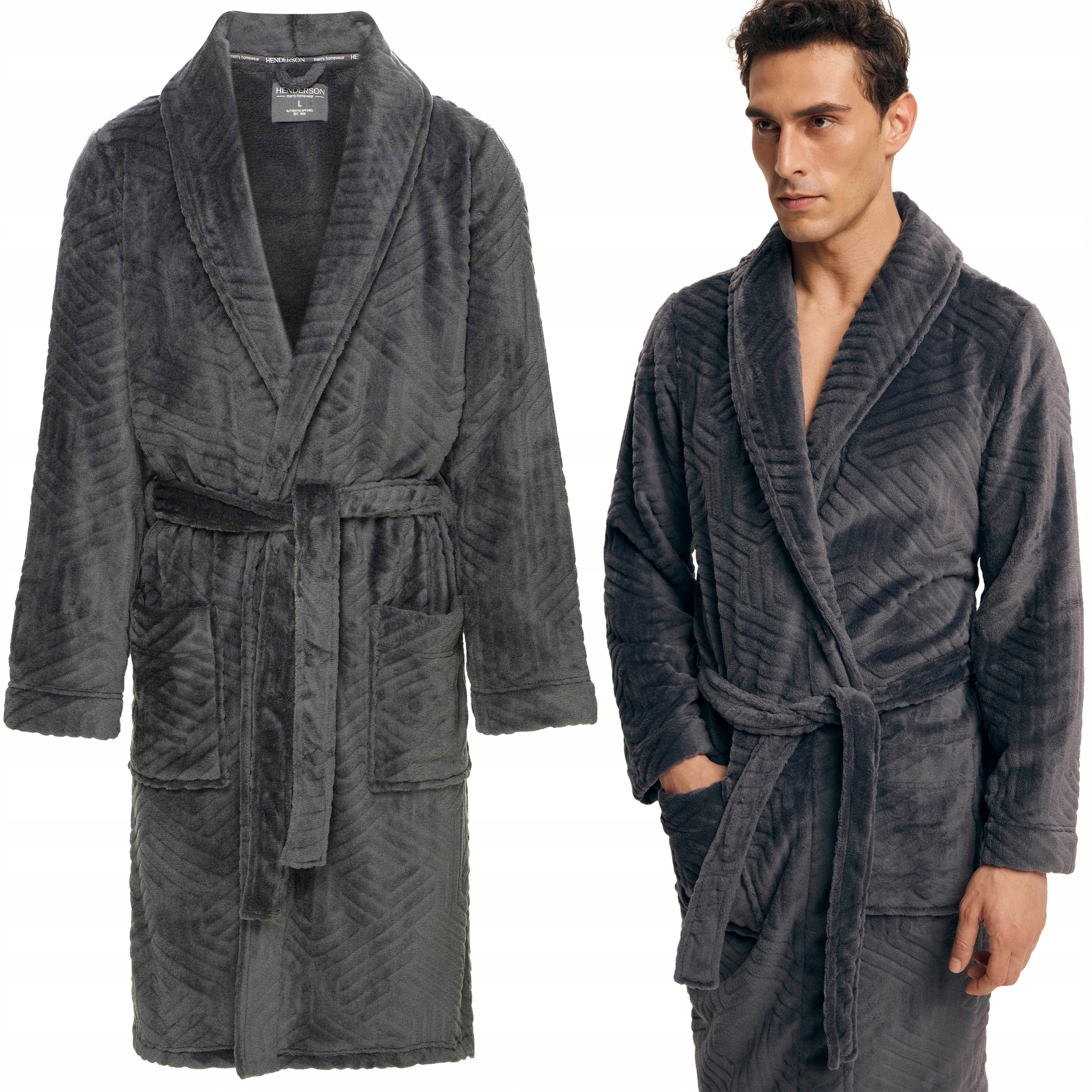 Pánský Župan Henderson Elegantní dlouhý s kapsami a zavazováním v pase L