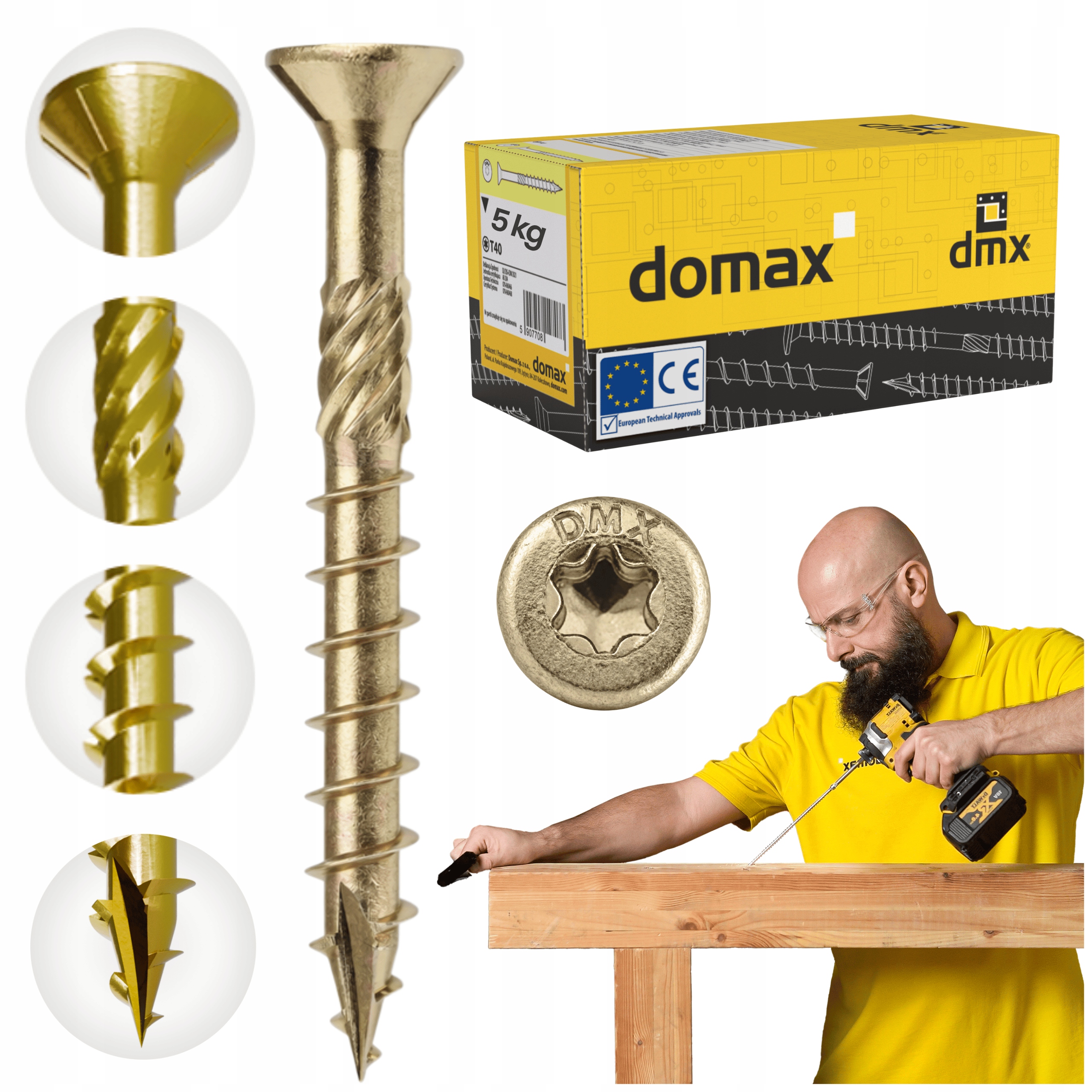 Wkręty Ciesielskie Do Drewna 5,0x90 MM Stożkowe Torx 5KG Domax Cs Złote