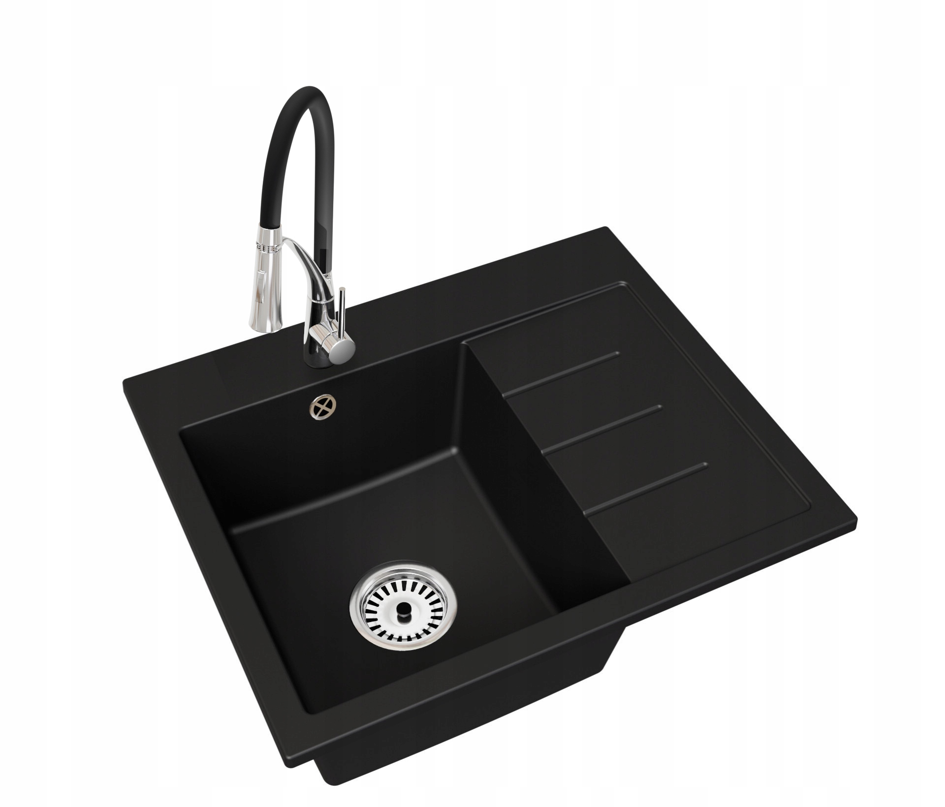 Velký dřez Exclusive 60 Pravý sifon Černá baterie Nexo Chrom