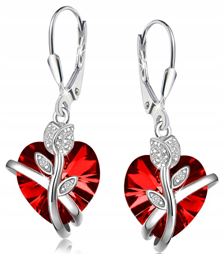 Kolczyki srebrne wiszące damskie serca serce róża srebro 925