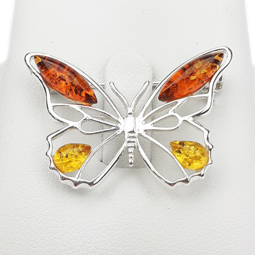 Stříbrná Brož Motýl s přírodním Baltský Jantar jako dárek Stříbro ag925