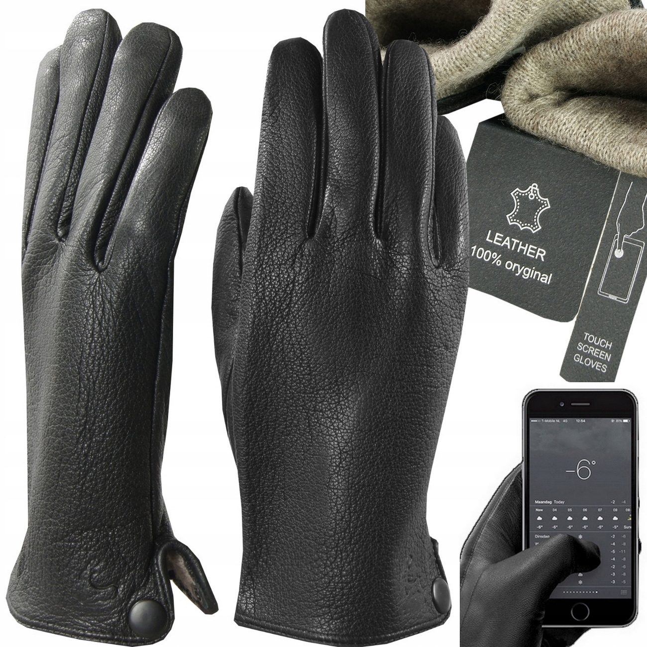 Kožené Rukavice pánské Kůže Jelen deer Zateplené Vlnou, Dotykové L