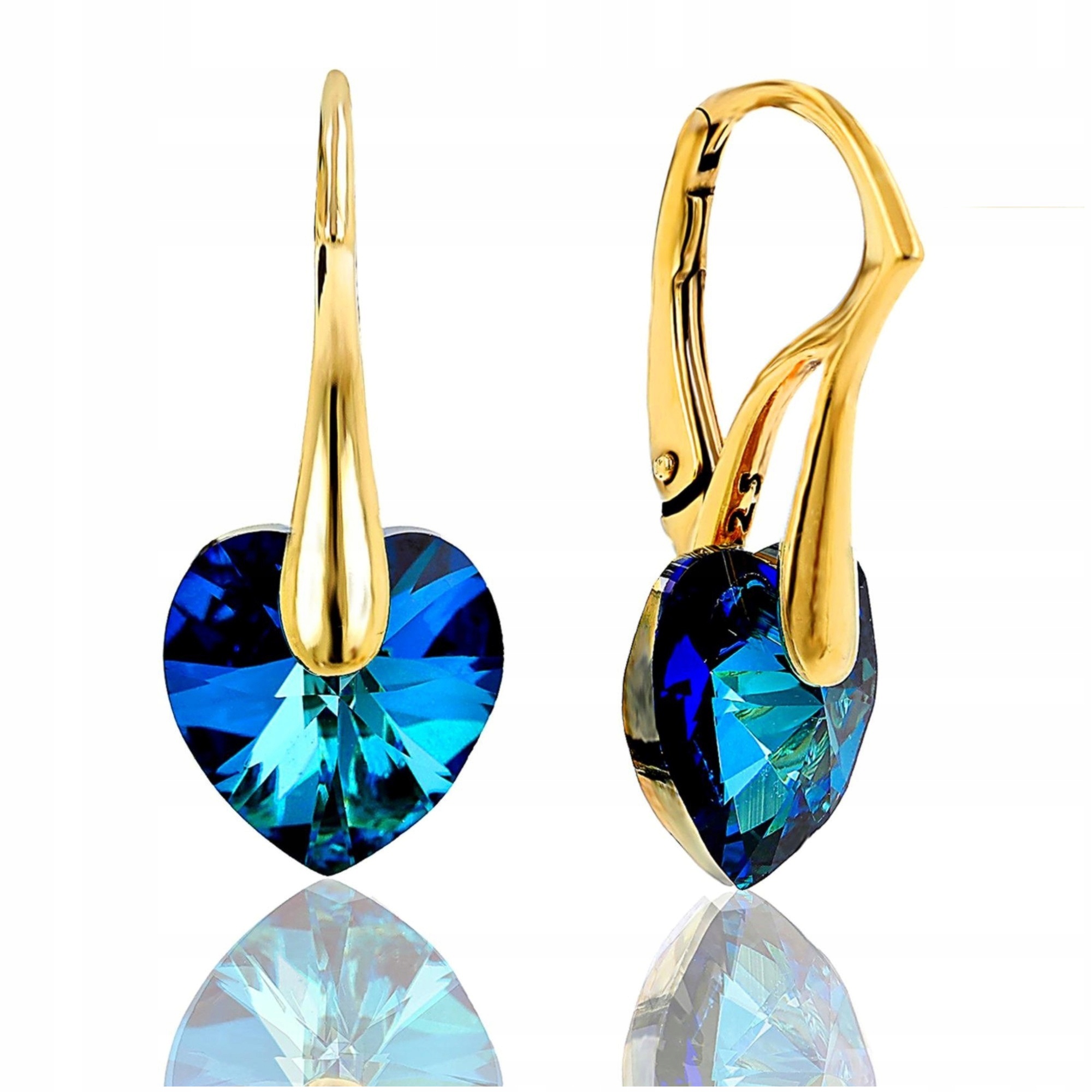 Náušnice Swarovski Zlaté Závěsné Srdce, Modré, Stříbro 925, Pozlacené