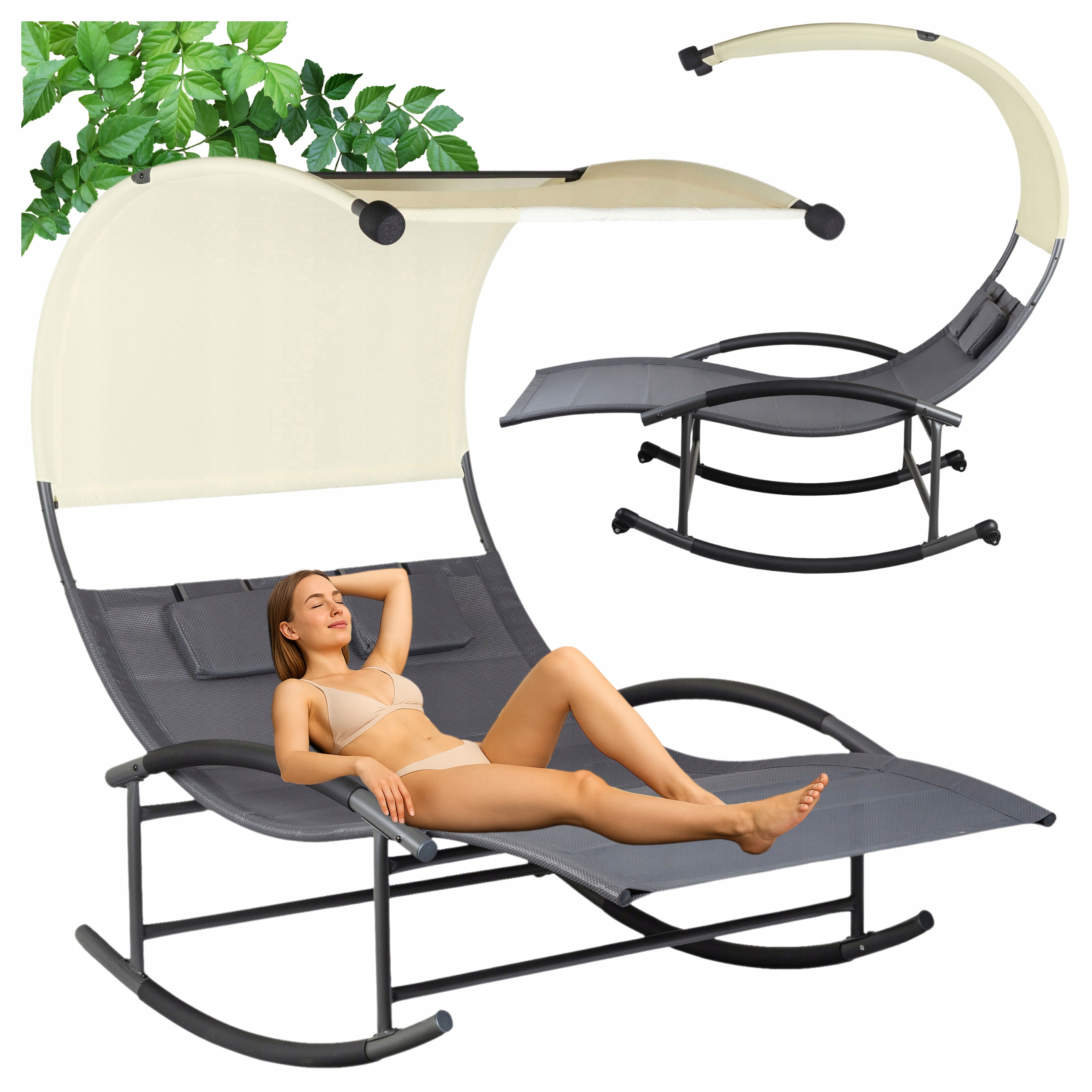 Leżanka Ogrodowa Dwuosobowa Z Dużym Daszkiem Leżak Poduszki Szara