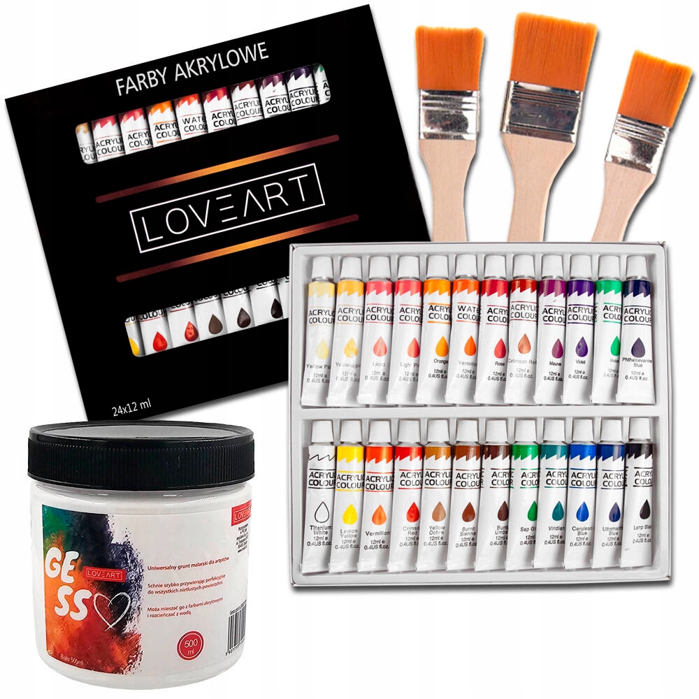 Akrylové barvy Loveart 24x12ml Gesso grunt 500ml Malířské štětce ploché