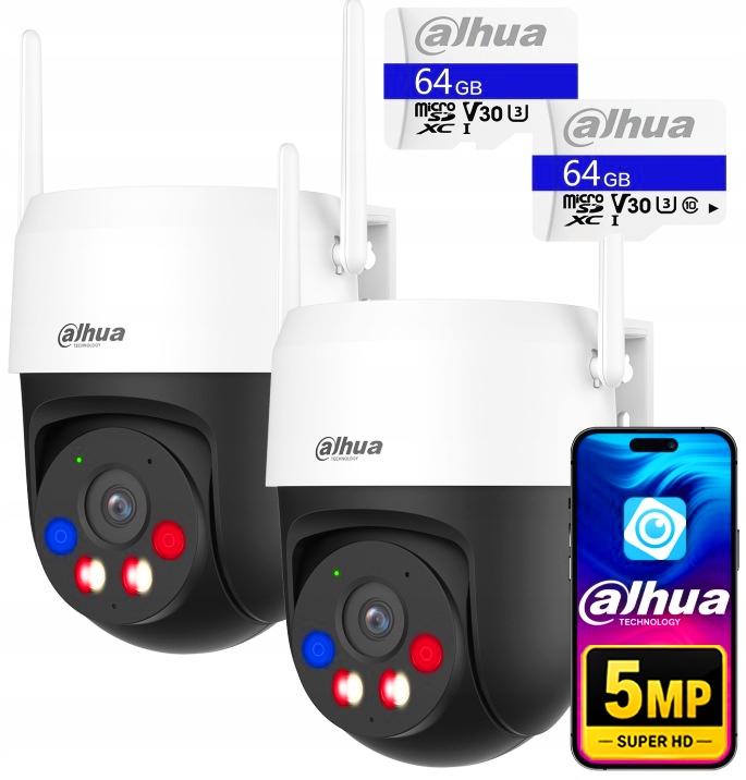 Otočná WiFi kamera 5MPx Venkovní 2ks Dahua P5AS-PV Alarm Ai Diody 64GB