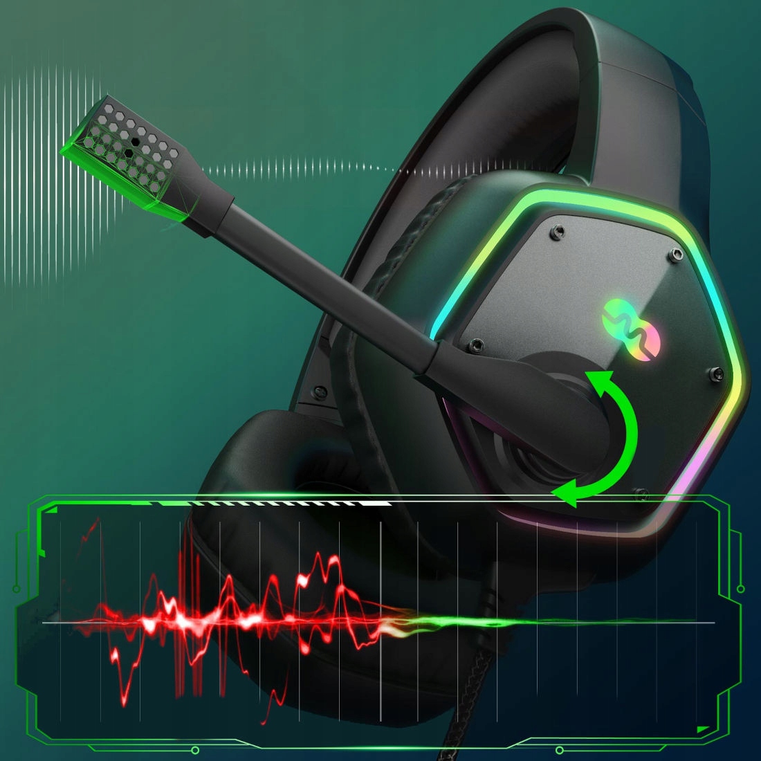 SŁUCHAWKI Z MIKROFONEM GAMINGOWE USB PODŚWIETLENIE RGB LED MOZOS G1000 Kolor czarny