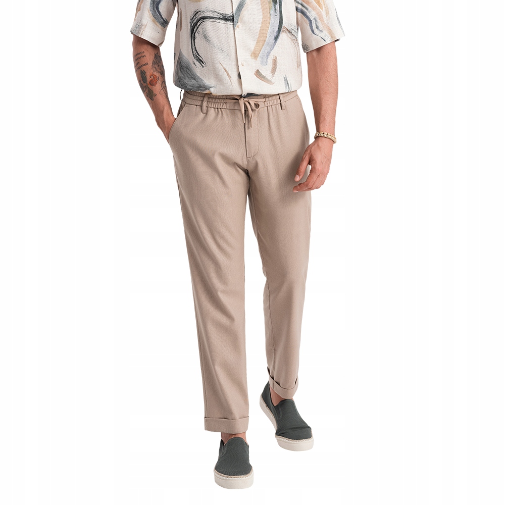 Vyhrnovací chino kalhoty s přídavkem lnu, světle hnědé V3 OM-PACP-0198 XL