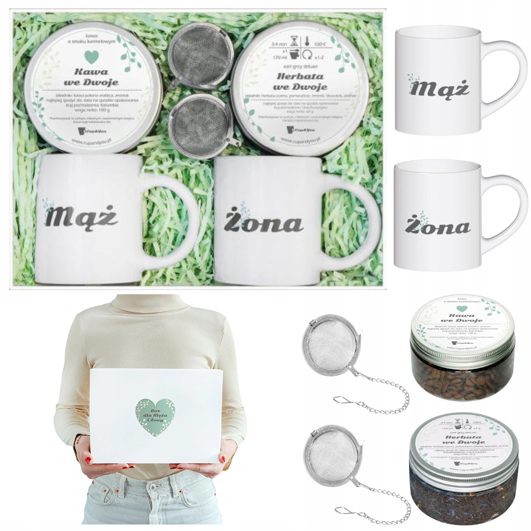Box upominkowy na Ślub Wesele Rocznicę z herbatą kawą kubkami zaparzaczami
