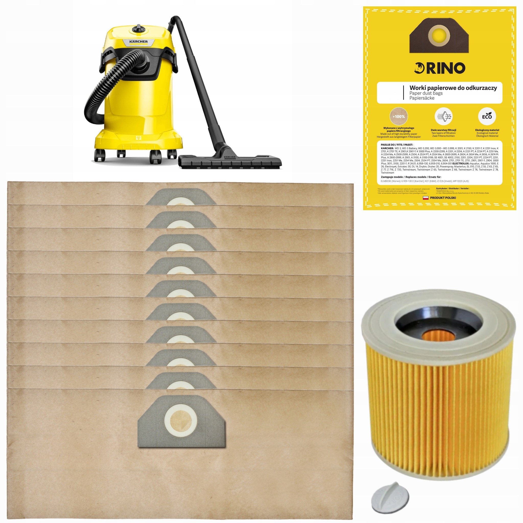 10x WORKI DO ODKURZACZA Karcher WD3 Rino WPRD3 PAPIEROWE + FILTR POWIETRZA
