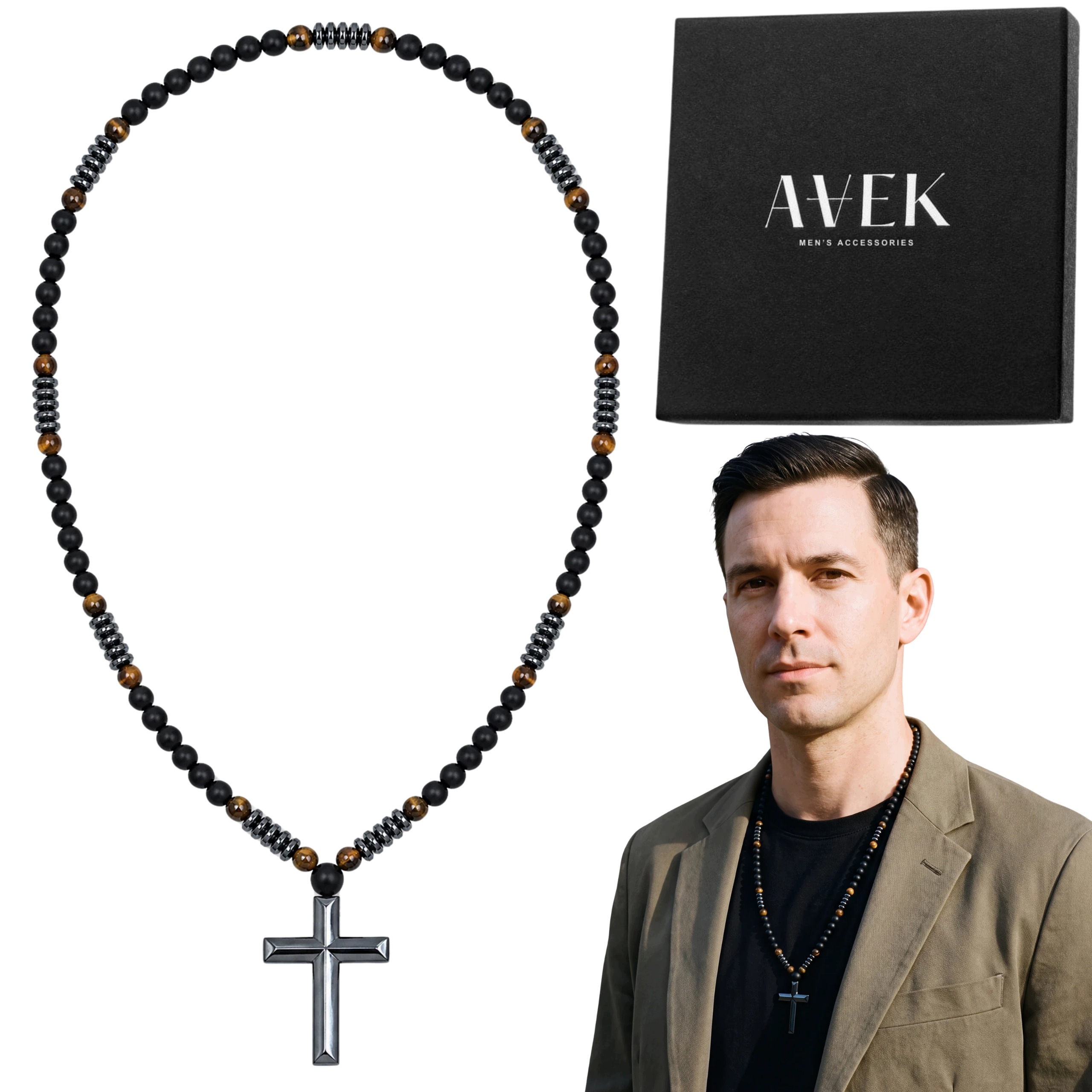 Pánský Náhrdelník Růženec Z Přírodních Kamenů Onyx Kříž 77 CM
