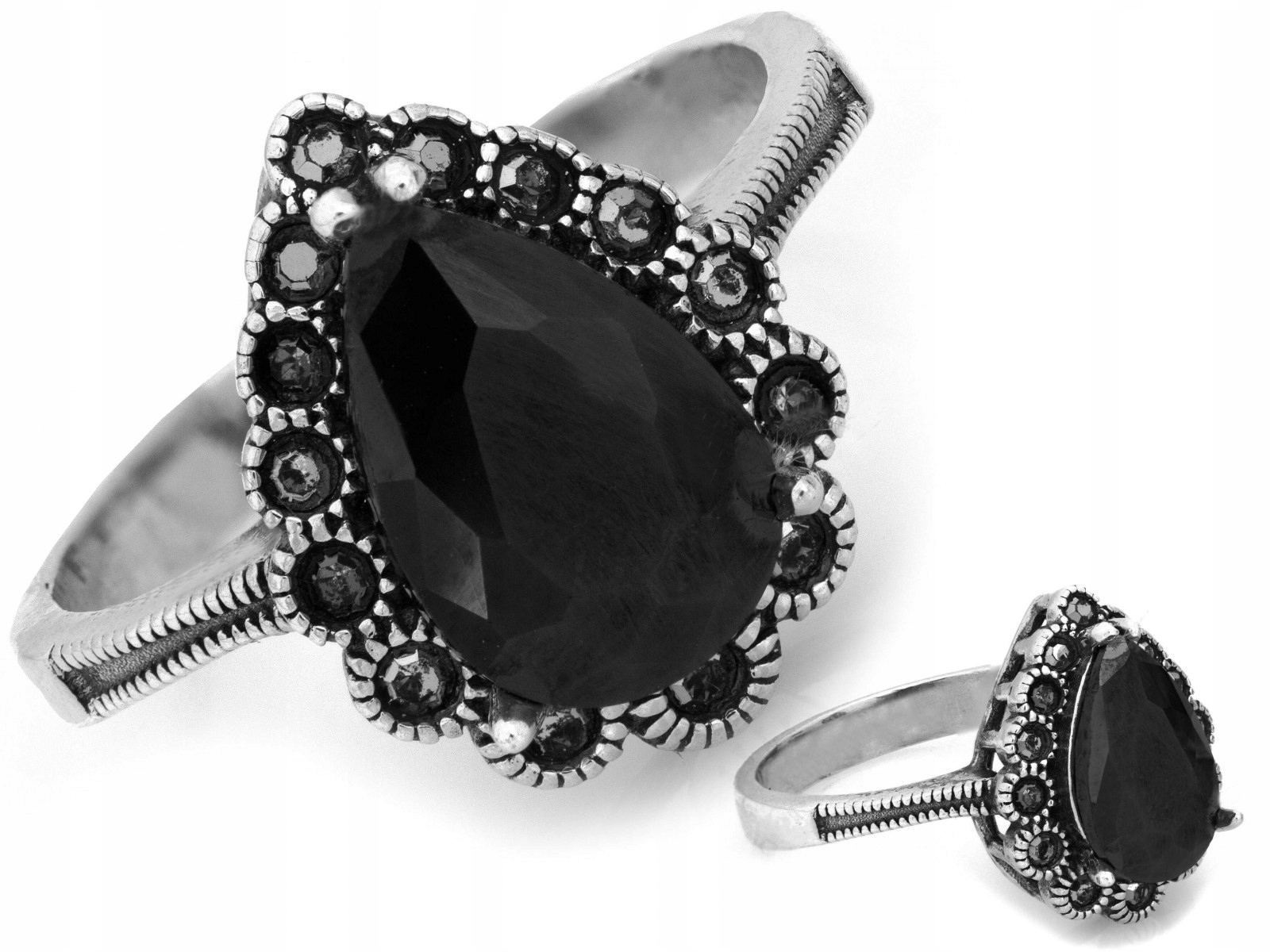 Prstýnek ze stříbra 925 Kapka s markýzami a černým zirkonem r23