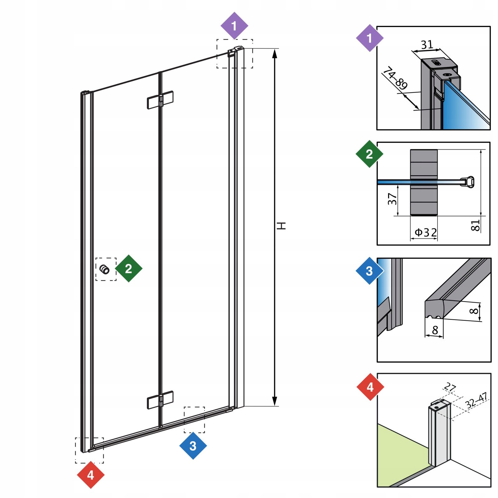 Drzwi prysznicowe składane wnękowe 70 P mirror Typ drzwi składane