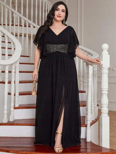 Shein Plus Size Černé Šaty Maxi S Výstřihem Do V 50 1KA