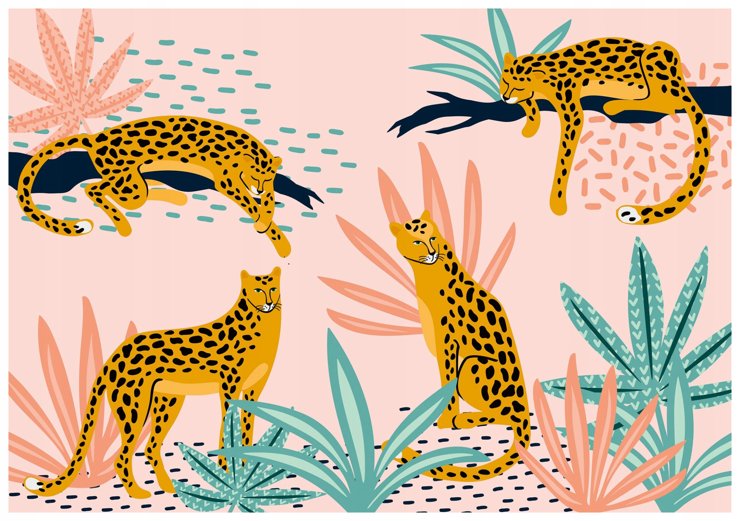Fototapeta Vinyl Leopardy v Tropických Ružiach a Zelenej 416x254 ilustrácia lepidlo