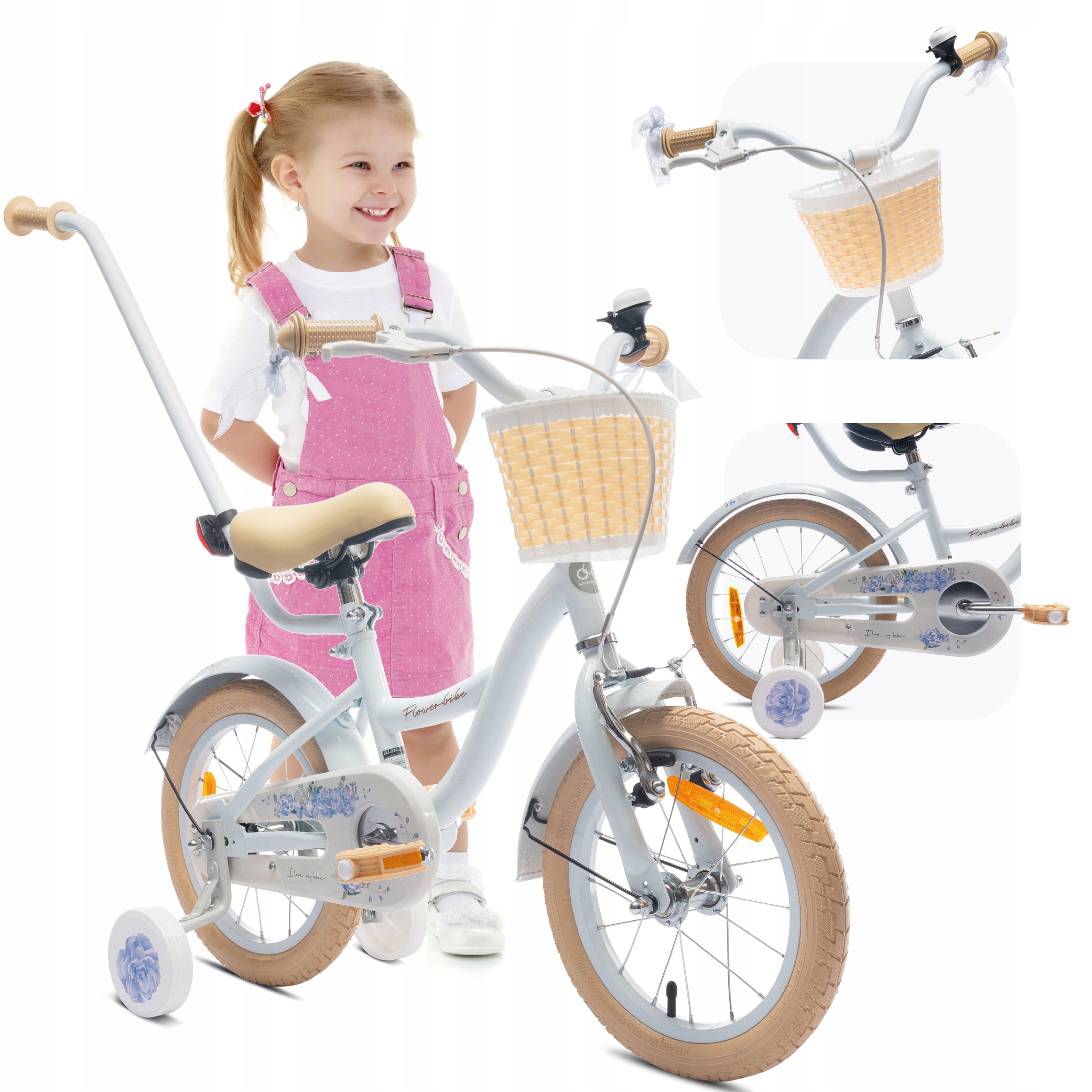 Rower 14 cali dla dziewczynki dziecięcy Pchacz Koszyk Kółka boczne 3-5 lat